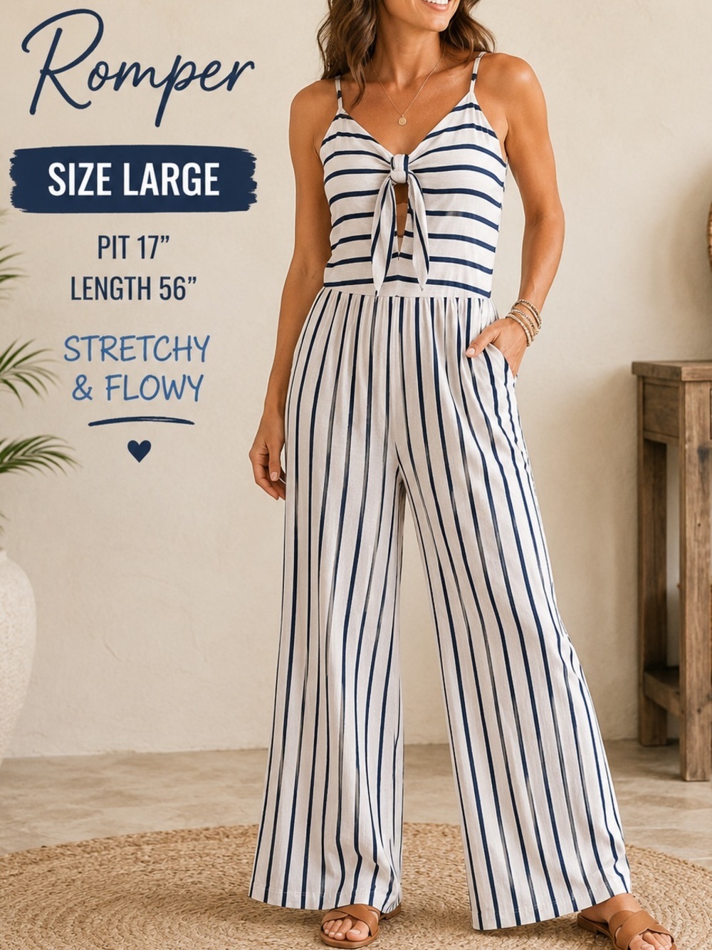 Poof! Cream / Blue Striped Jumpsuit ROMPER LARGE
Pit 17”
Length 56”